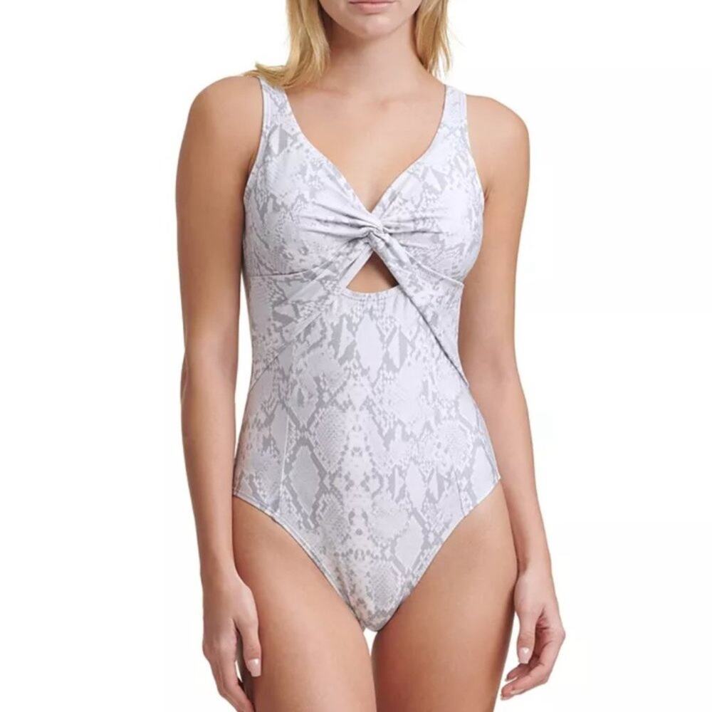 DKNY Swimsuit Size 8 One Piece NWT Gray White Scoop Back Twist Front Swim Beach - Picture 1 of 16